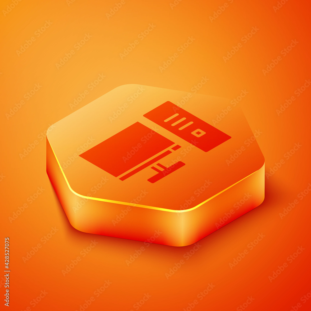 Poster Isometric Computer monitor icon isolated on orange background. PC component sign. Orange hexagon button. Vector Illustration
