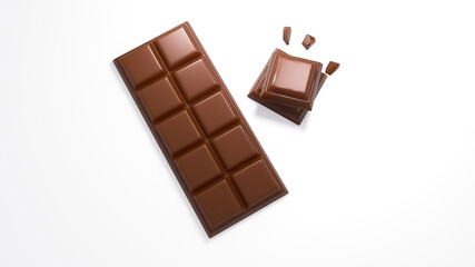 3d illustration of yummy chocolate pieces and bar on white background