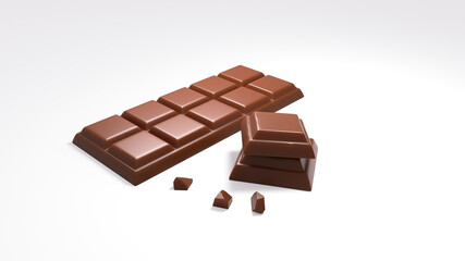 3d illustration of yummy chocolate pieces and bar on white background