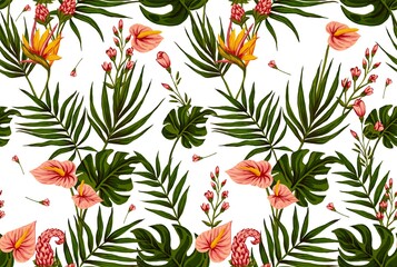 Seamless pattern of gouache-painted leaves of Hawaiian herbs and trees. Trending botanical background with tropical plants © miracle15