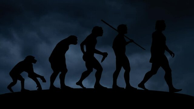 Lightning and Thunderstorm flash over Human Silhouettes from Monkey to Modern Men, Theory of Evolution Concept