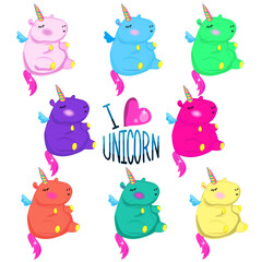 Color rainbow unicorn stickers pack. Fat funny unicorn toy of different colors