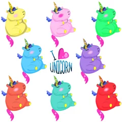 Fotobehang Set of colored rainbow unicorn stickers with flower wreath. Fat funny unicorn toy in different colors © Julia