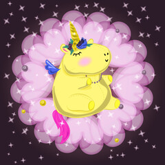 Banner with a funny fat unicorn in a wreath of lush flowers. Soft toy yellow unicorn in sparkles and stars