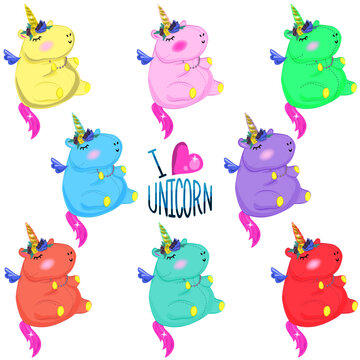 Set of colored rainbow unicorn stickers with flower wreath. Fat funny unicorn toy in different colors