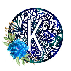 Lace circle blue letter K with blue flower peony and green leaves. Texture Monogram letter K. Printable design.