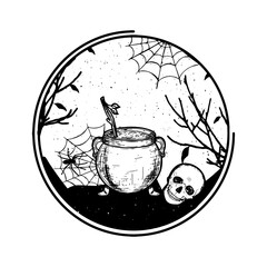 witch's cauldron, with a skull and cobwebs in a round frame. happy Halloween. freehand drawing. vector. eps