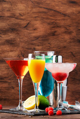 Selection of summer alcoholic cocktails, popular bright refreshing alcohol drinks and beverages