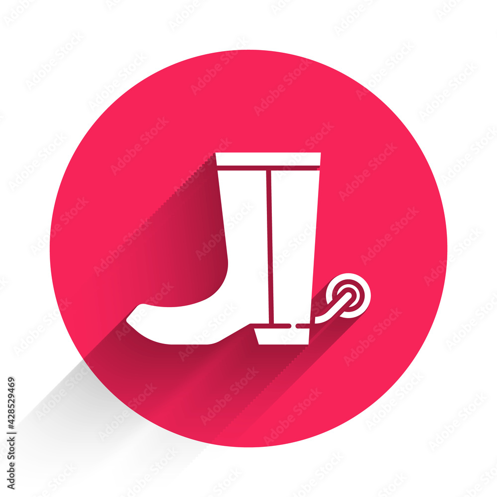 Poster white cowboy boot icon isolated with long shadow. red circle button. vector