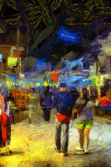 Obraz na płótnie Canvas Landscape of the market at night, community market along the Mekong River Illustrations creates an impressionist style of painting.