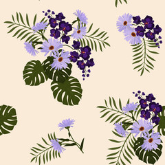 Seamless vector illustration with orchids and gerberas on a light beige background.