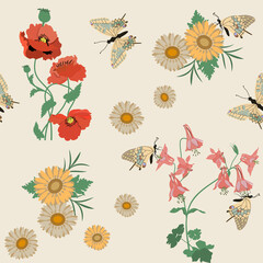 Seamless vector illustration with poppy, aquilegia and butterflies on a beige background.