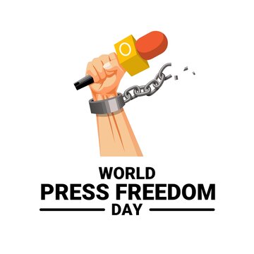 Vector illustration of a hand holding a microphone with broken chain, as a banner, poster or template for world press freedom day.