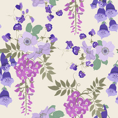 Seamless vector illustration with dog rose flowers, digitalis, sweet pea and wisteria. © Nadezhda