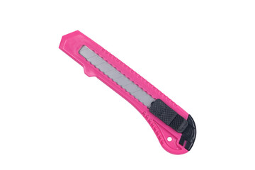 Plastic stationery knife for paper pink on a white background.