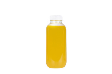 Yellow drink in a plastic bottle on a white background.