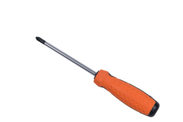 Orange screwdriver for self-tapping screws with a rubber grip on a white background.