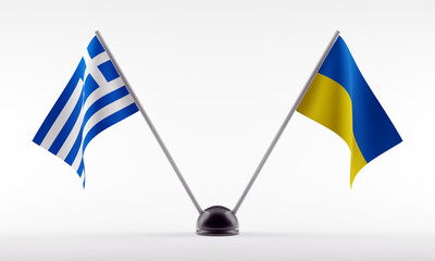 Stand with two national flags. Flags of Greece and Ukraine. Isolated on a white background. 3d rendering