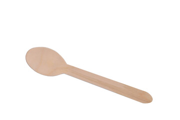 Small spoon made of wood on a white background. View from above.