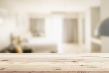 Wooden table top in home or hotel bed room blur background for montage sleeping or house products...