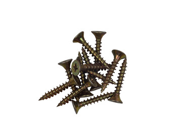 Several self-tapping screws for wood on a white background.