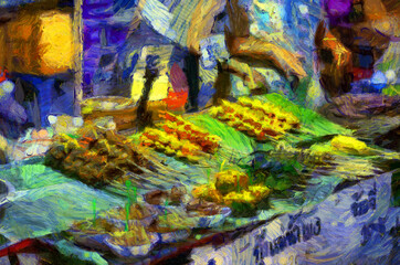 Landscape of the market at night, community market along the Mekong River Illustrations creates an impressionist style of painting.