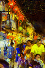 Landscape of the market at night, community market along the Mekong River Illustrations creates an impressionist style of painting.