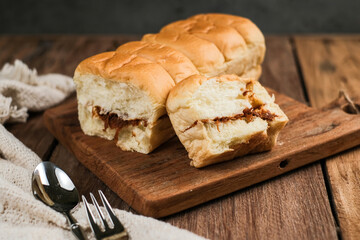 Torn bread filled with beef floss and mayonnaise