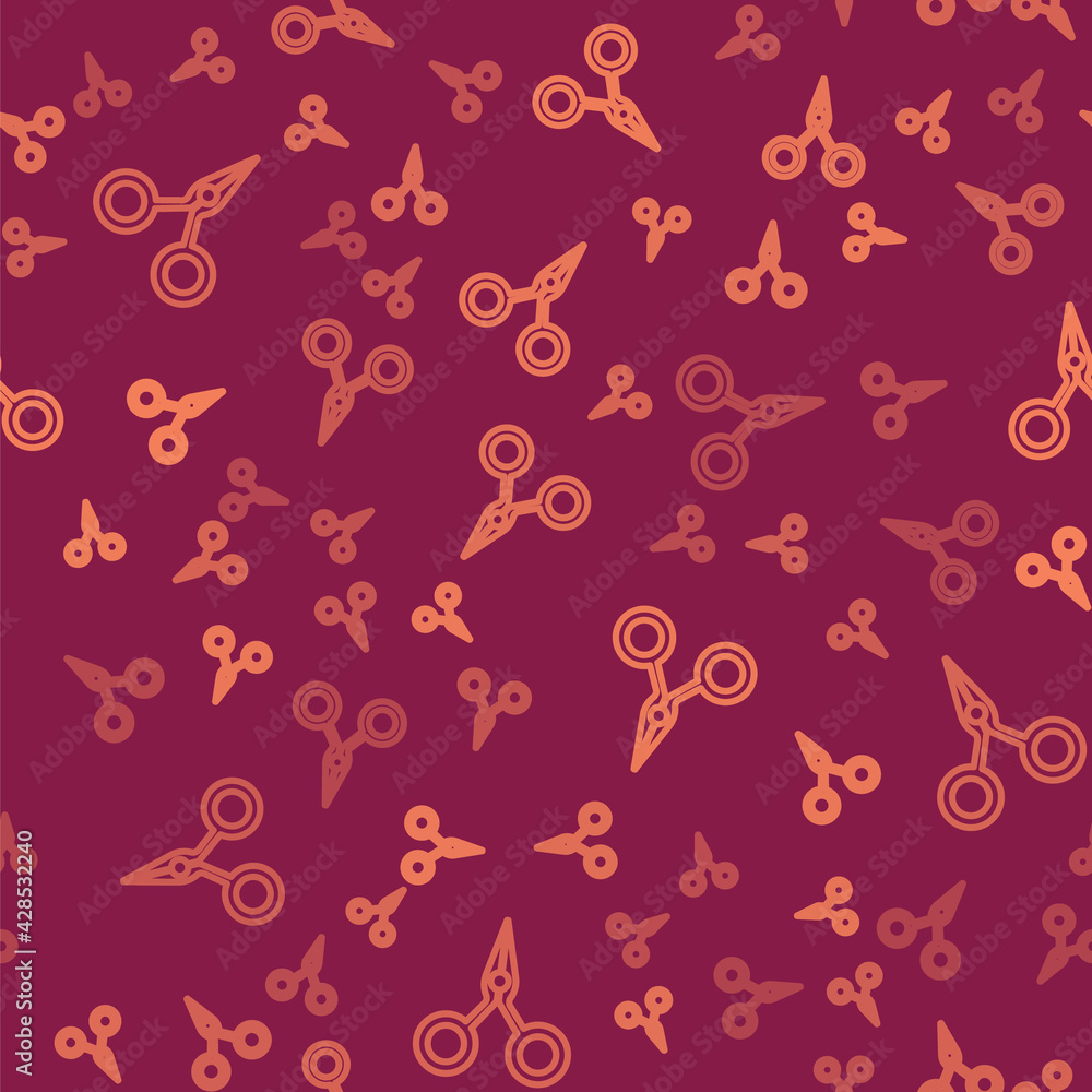 Poster brown line scissors icon isolated seamless pattern on red background. cutting tool sign. vector illu