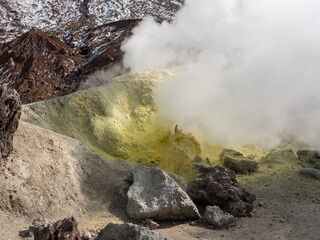 Fumaroles of the Mutnovsky volcano. Fumaroles of the Mutnovsky volcano. Close-up of a dangerous...