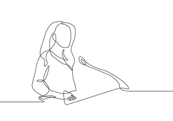 Woman Speaker Line Art Drawing. Minimalist Black Lines Drawing of Woman Speaker. Continuous One Line Abstract Drawing. Vector Illustration.
