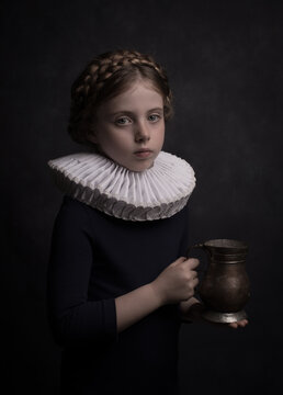 Classic renaissance portrait of a young girl with a white collar holding an antique can