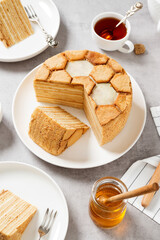 Layered honey cake Medovik. Traditional russian cuisine.