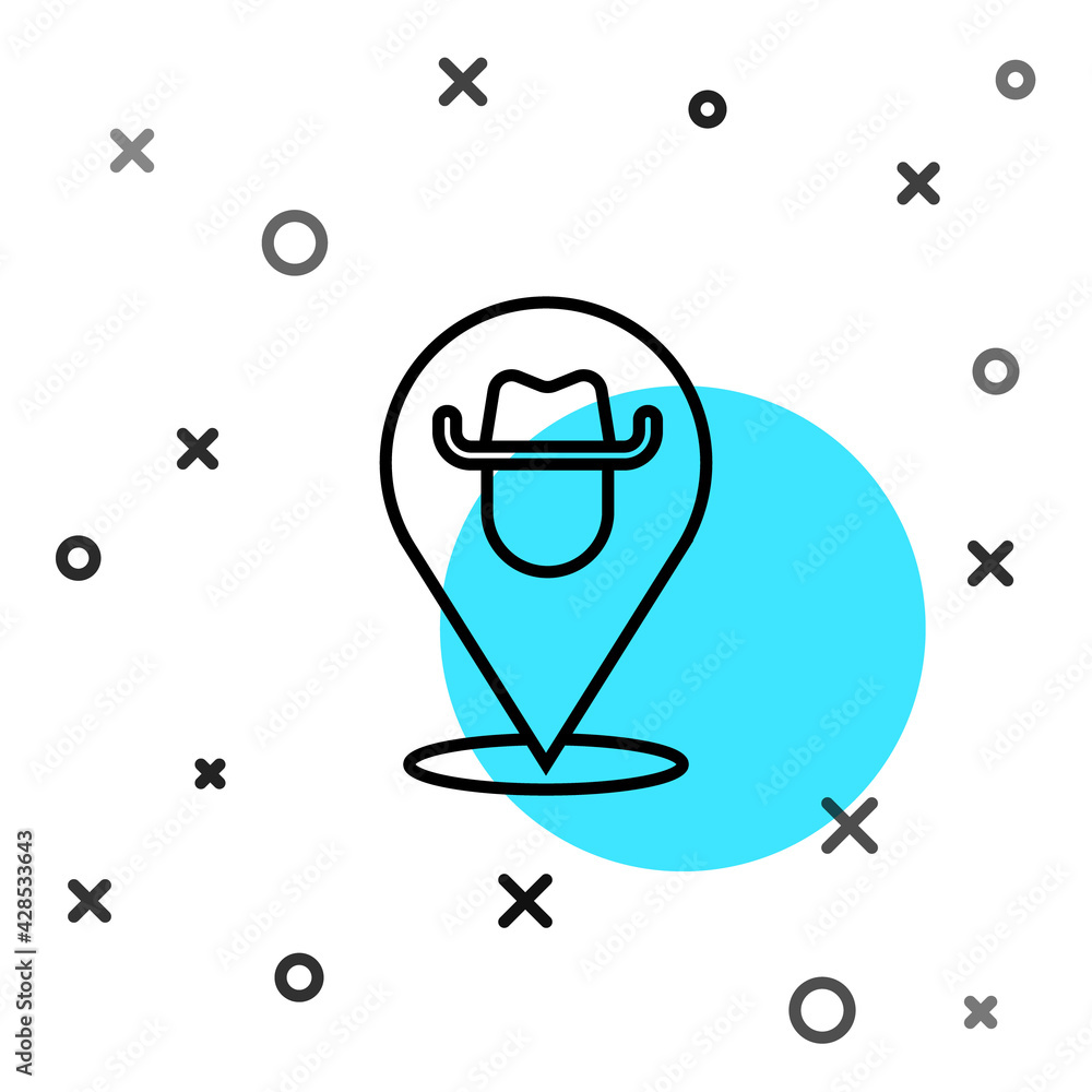 Poster black line location cowboy icon isolated on white background. random dynamic shapes. vector