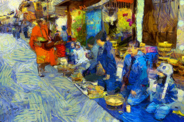 Morning market landscape, community market along the Mekong River Illustrations creates an impressionist style of painting.