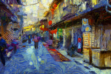 Obraz na płótnie Canvas Morning market landscape, community market along the Mekong River Illustrations creates an impressionist style of painting.