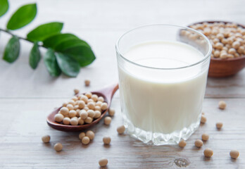 Soy milk and soy on the table