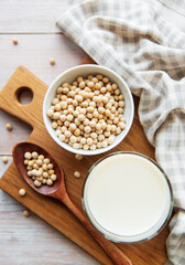 Soy milk and soy on the table