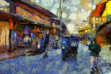 Fototapeta na wymiar Landscape of an ancient trading village in Thailand Illustrations creates an impressionist style of painting.