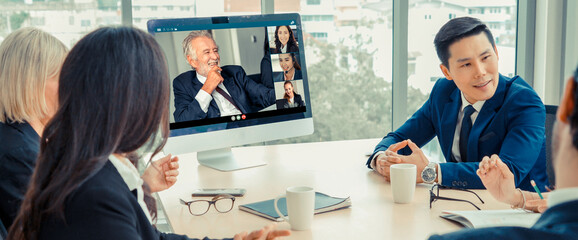 Video call group business people meeting on virtual workplace or remote office. Telework conference...