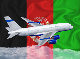 Afghanistan flag with white airplane and clouds. The concept of tourist international passenger...