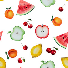 Bright picture of painted fruits. Close up, directly above, no people. Watercolor paint. Concept of delicious and healthy food