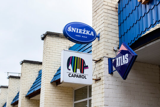 BELARUS, NOVOPOLOTSK - 17 APRIL, 2021: Signboard at the store Caparol, sniezka and atlas