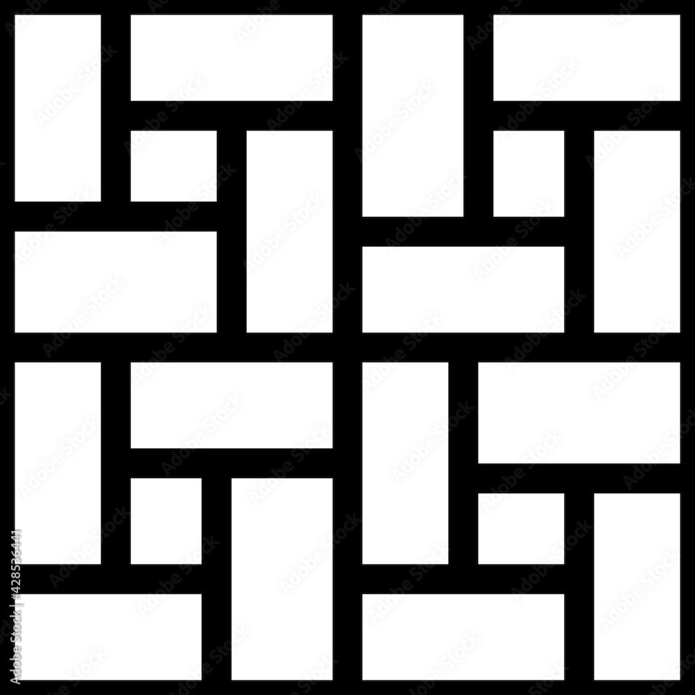 Poster graphic of geometric pattern. design mondrian style of square and rectangular white on black backgro
