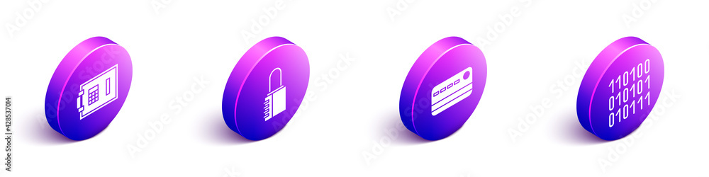 Poster set isometric safe, safe combination lock, credit card and binary code icon. vector