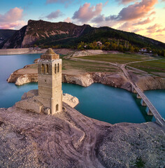 Abandoned and submerged church in the town of Mediano, in the Aragonese Pyrenees, located in...