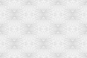 Volumetric convex white background. 3d embossed geometric pattern with intertwining thin lines and abstract shapes. Ornament texture with ethnic minimalist elements.
