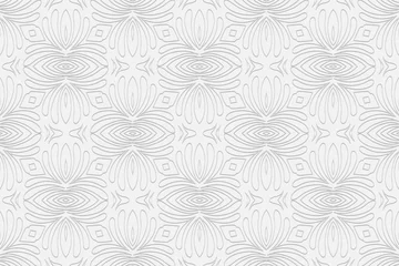 Foto auf Glas Volumetric convex white background. 3d embossed geometric pattern with intertwining thin lines and abstract shapes. Ornament texture with ethnic minimalist elements. ©  swetazwet