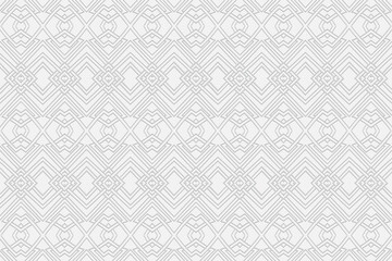 Volumetric convex white background 3d relief geometric pattern with intertwining lines and shapes.Modern unique ornament texture with ethnic minimalist elements for design.