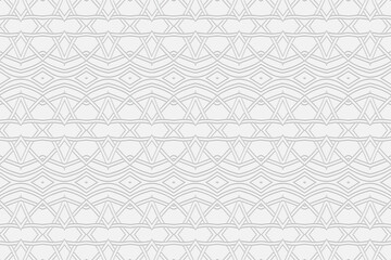 Volumetric convex white background 3d embossed geometric pattern with intertwining lines and shapes.Modern fashionable ornament texture with ethnic minimalist elements for design.